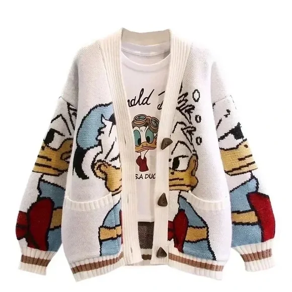 Donald Duck cardigan sweater cartoon graphic pockets NWT